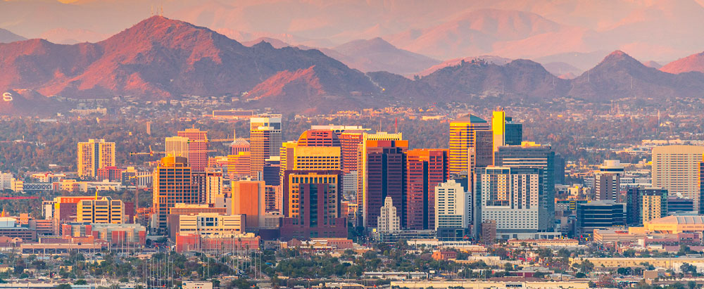 Aerial view of downtown Phoenix, a city with low risk of earthquakes, tsunamis, hurricanes and wildfires.