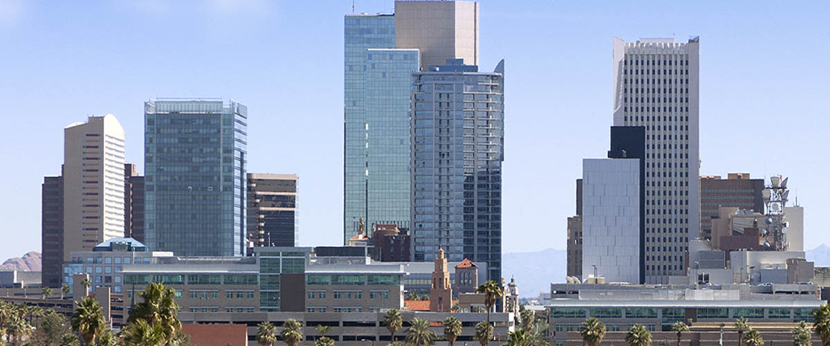 A skyline view of large buildings in downtown Phoenix.