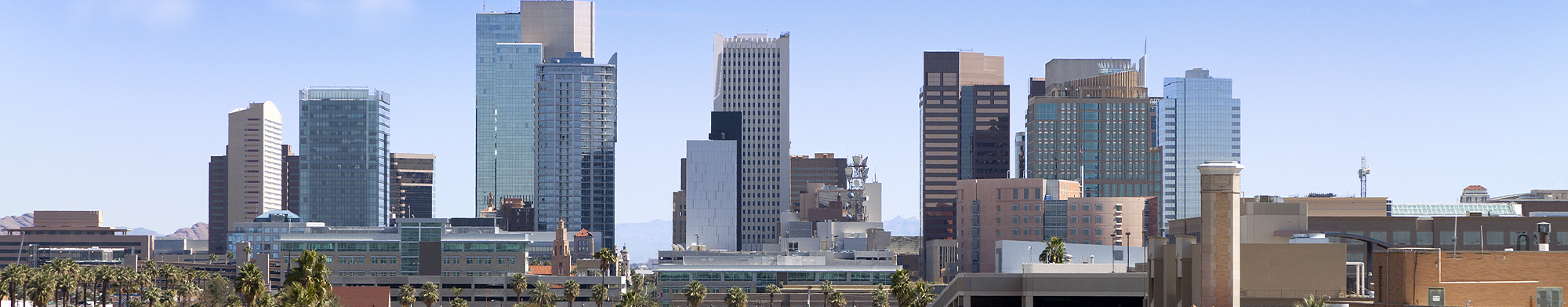 A skyline view of large buildings in downtown Phoenix.