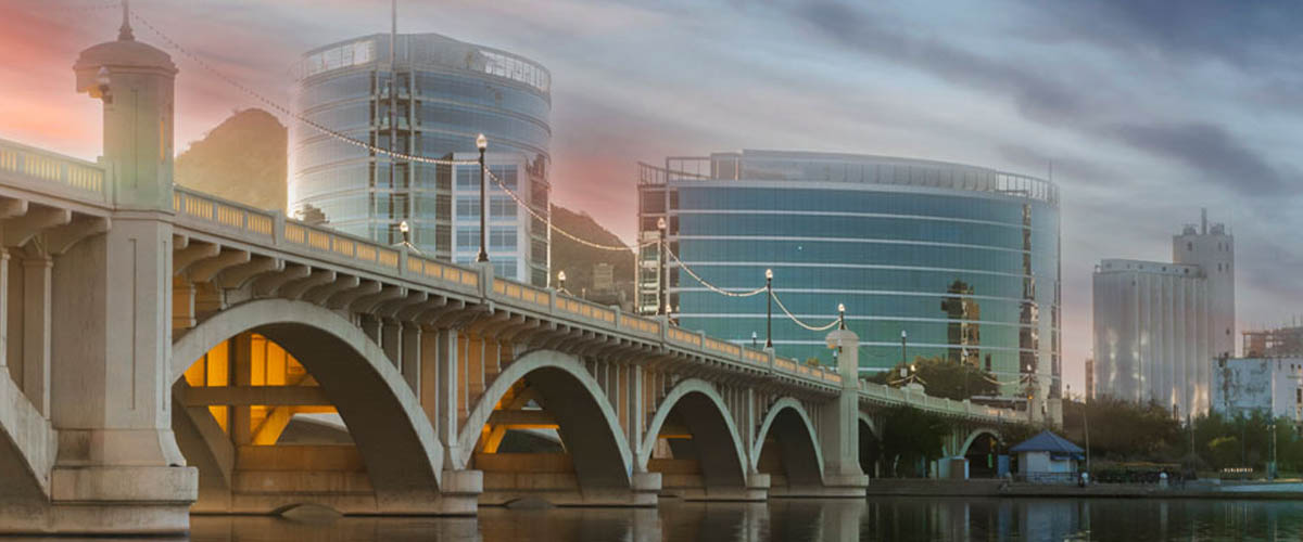 The Mill Avenue Bridge in Tempe, Arizona, as seen from Tempe Town Lake below.