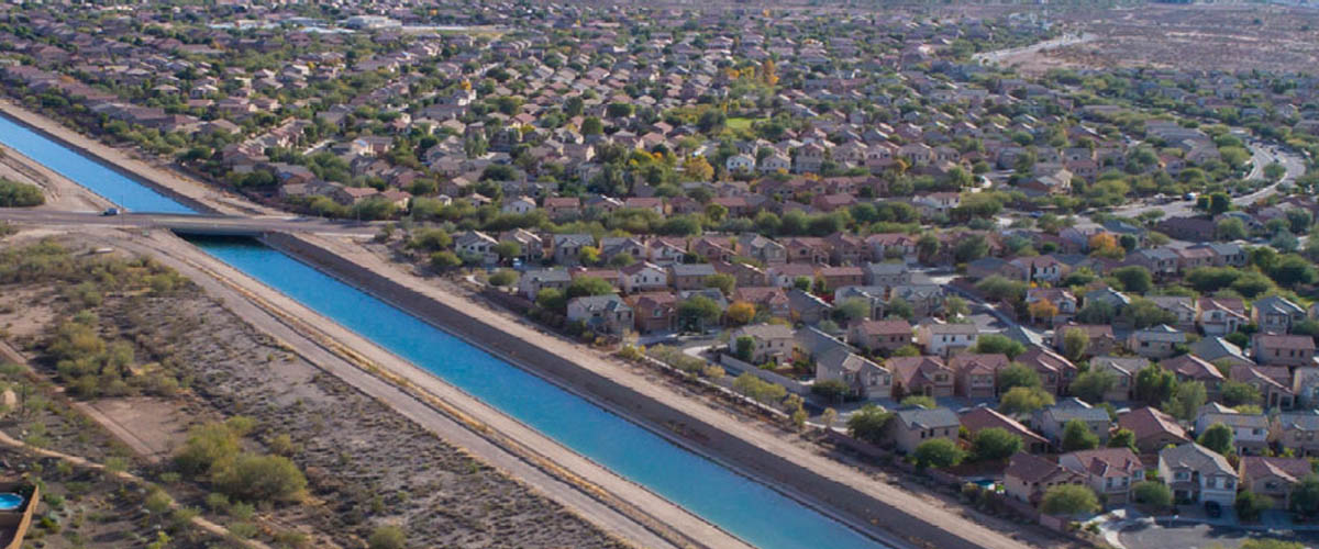 An aerial view of an SRP-managed canal that helps deliver water to the Valley.