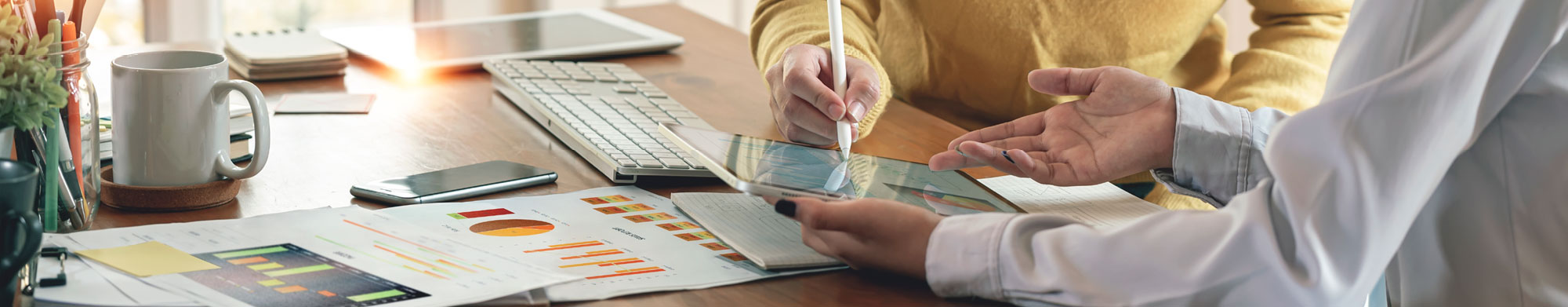 A financial planner and client look over charts and graphs together, discussing business rebates in Phoenix.