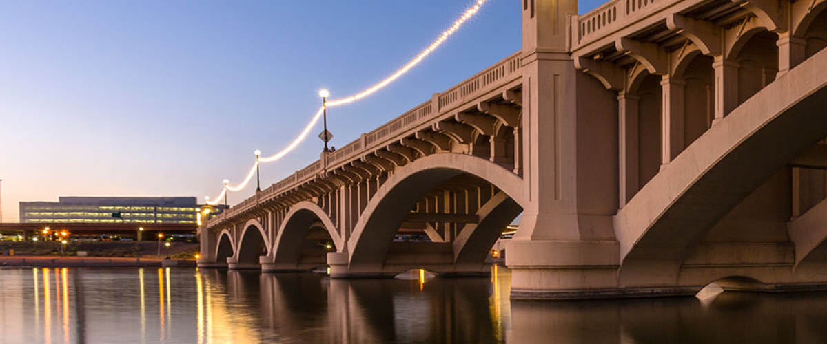 Looking up at the Mill Avenue Bridge in Tempe, Arizona.