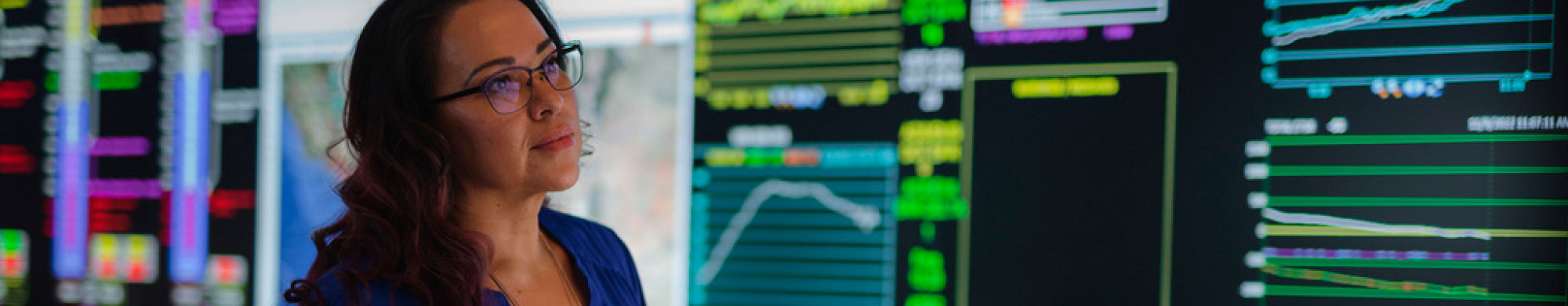 A woman looks on dutifully at her screens filled with colorful charts. She is part of Arizona's talented labor pool.